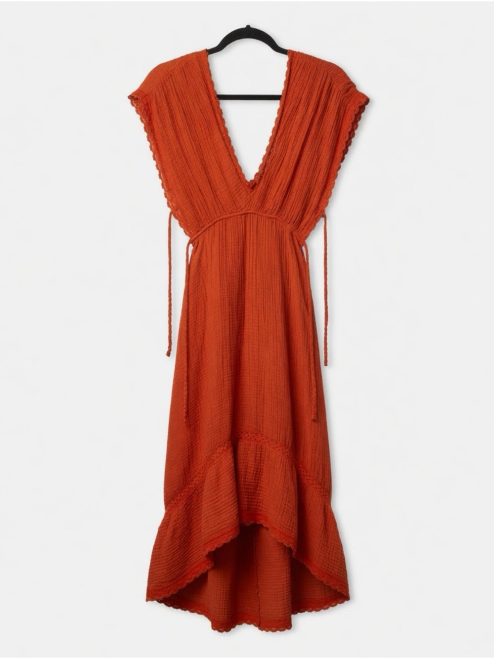 Anthropologie XS Rust Orange Crinkle Gauze V-Neck Maxi Dress with Lace Trim